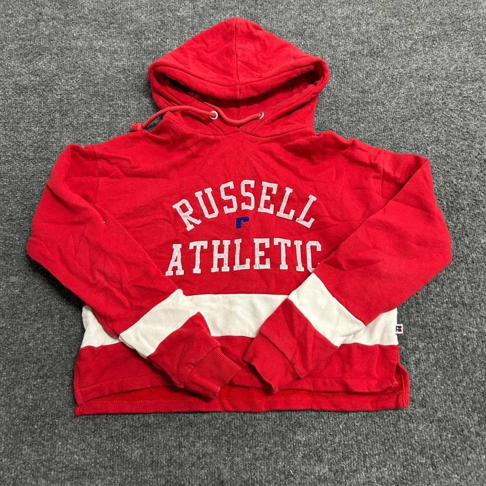 Russell Athletic Hoodie Womens XS Red White Cropped Logo Pullover Sweatshirt